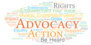 Collage of words: advocacy, action, be heard, impact, rights, goals, empowerment