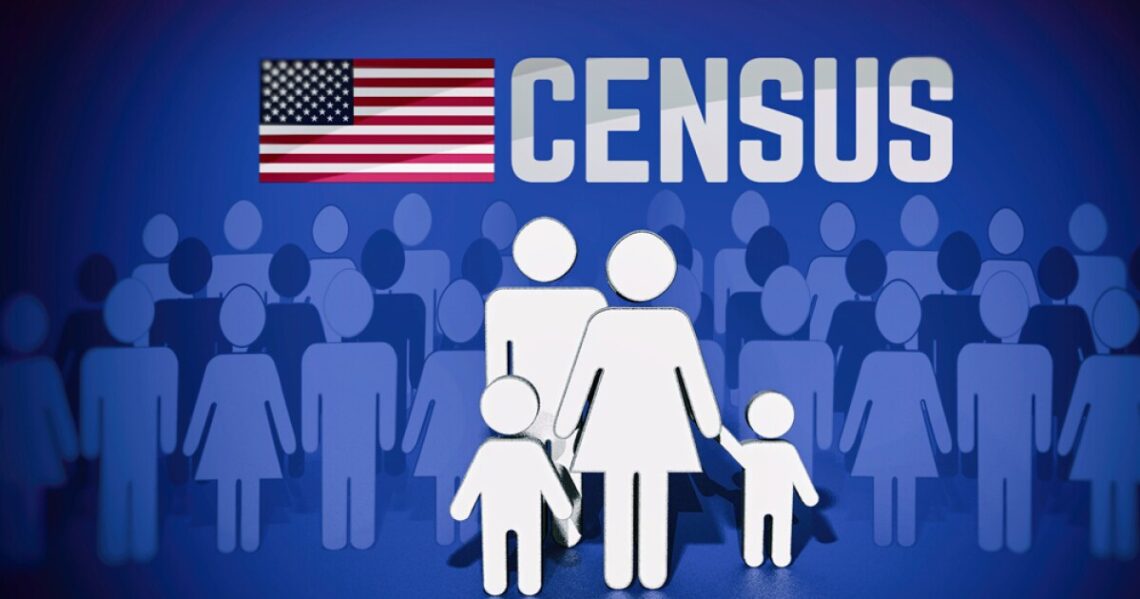 US Flag with CENSUS and Outlines of People on blue background