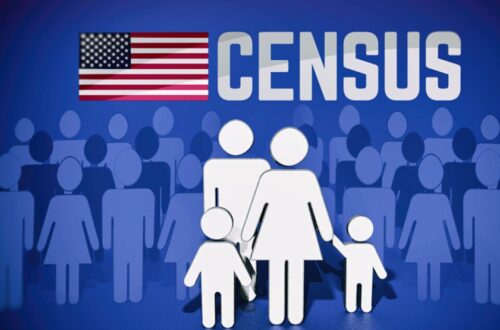 US Flag with CENSUS and Outlines of People on blue background